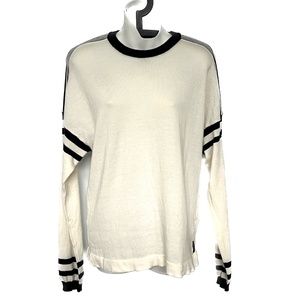 MARINA YACHTING Crew Neck Sweater Pullover Size L Off White Blue Striped Sleeve